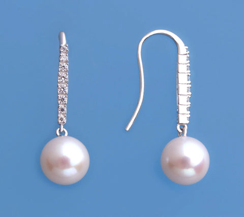 Sterling Silver Earrings with 9.5-10mm Round Shape Freshwater Pearl and Cubic Zirconia