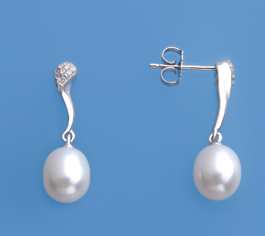 Sterling Silver Earrings with 7.5-8mm Drop Shape Freshwater Pearl and Cubic Zirconia - Wing Wo Hing Jewelry Group - Pearl Jewelry Manufacturer