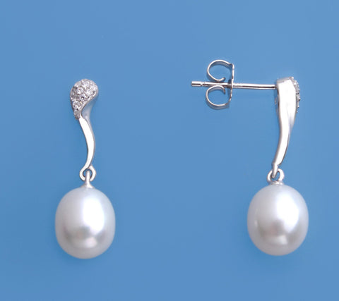Sterling Silver Earrings with 7.5-8mm Drop Shape Freshwater Pearl and Cubic Zirconia