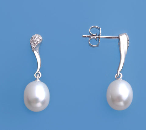 Sterling Silver Earrings with 7.5-8mm Drop Shape Freshwater Pearl and Cubic Zirconia