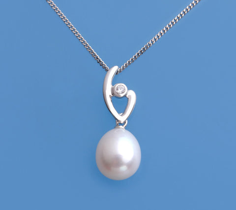 Sterling Silver Pendant with 8.5-9mm Drop Shape Freshwater Pearl and Cubic Zirconia