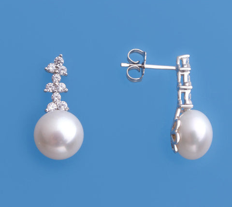 Sterling Silver Earrings with 9-9.5mm Button Shape Freshwater Pearl and Cubic Zirconia
