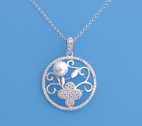 Sterling Silver Pendant with 6.5-7mm Button Shape Freshwater Pearl and Cubic Zirconia