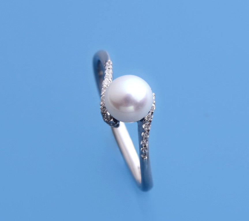 Sterling Silver Ring with 6mm Round Shape Freshwater Pearl and Cubic Zirconia - Wing Wo Hing Jewelry Group - Pearl Jewelry Manufacturer
