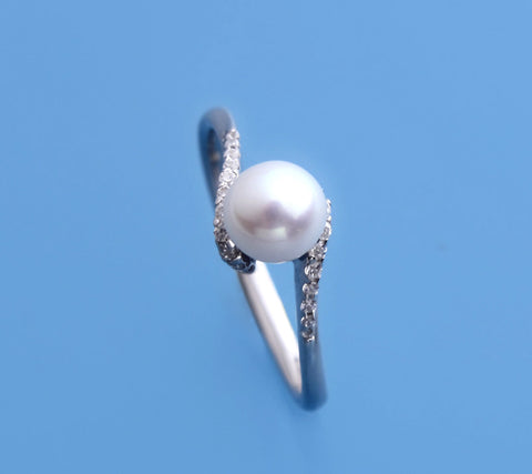 Sterling Silver Ring with 6mm Round Shape Freshwater Pearl and Cubic Zirconia
