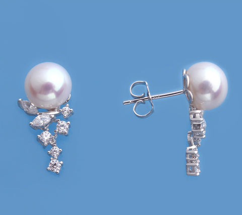 Sterling Silver Earrings with 8-8.5mm Button Shape Freshwater Pearl and Cubic Zirconia