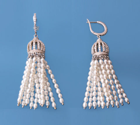 Sterling Silver Earrings with 2.5-3mm Oval Shape Freshwater Pearl and Cubic Zirconia