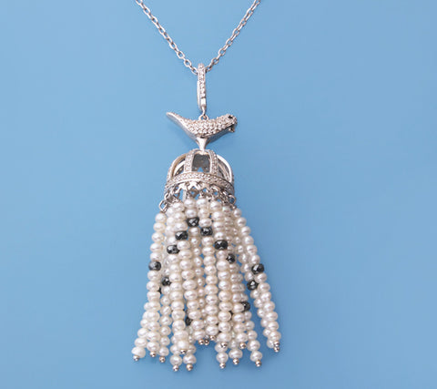 Sterling Silver Pendant with 2.5-3mm Half-Drilled Freshwater Pearl, Cubic Zirconia and Black Spinel