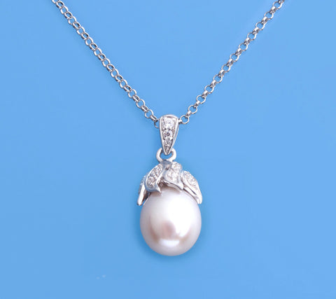 Sterling Silver Pendant with 8.5-9mm Drop Shape Freshwater Pearl and Cubic Zirconia