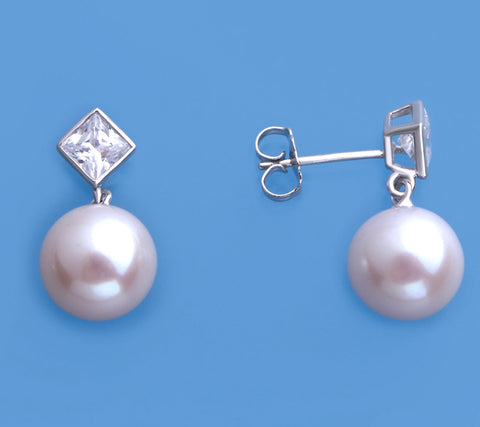 Sterling Silver Earrings with 9.5-10mm Round Shape Freshwater Pearl and Cubic Zirconia