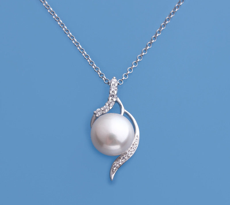 Sterling Silver Pendant with 10-10.5mm Button Shape Freshwater Pearl and Cubic Zirconia - Wing Wo Hing Jewelry Group - Pearl Jewelry Manufacturer