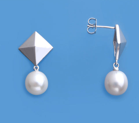 Sterling Silver Earrings with 9-9.5mm Drop Shape Freshwater Pearl