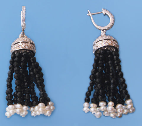 Sterling Silver Earrings with 3-3.5mm Center-Drilled Freshwater Pearl, Black Agate and Cubic Zirconia