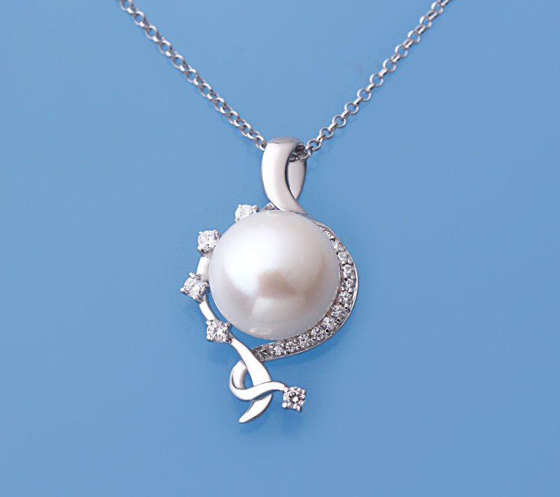 Sterling Silver Pendant with 12-12.5mm Button Shape Freshwater Pearl and Cubic Zirconia - Wing Wo Hing Jewelry Group - Pearl Jewelry Manufacturer