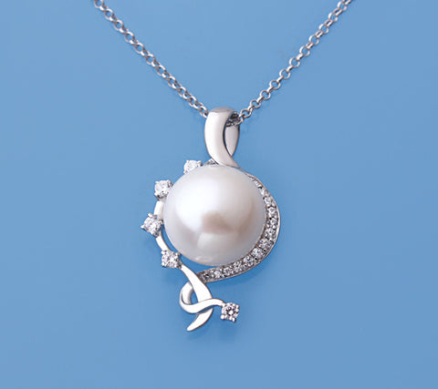 Sterling Silver Pendant with 12-12.5mm Button Shape Freshwater Pearl and Cubic Zirconia
