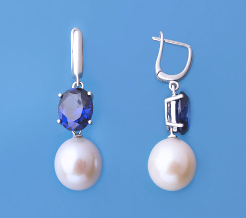 Sterling Silver Earrings with 10.5-11mm Drop Shape Freshwater Pearl and Cubic Zirconia