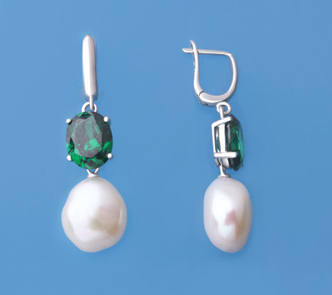 Sterling Silver Earrings with 11-11.5mm Oval Shape Freshwater Pearl and Cubic Zirconia