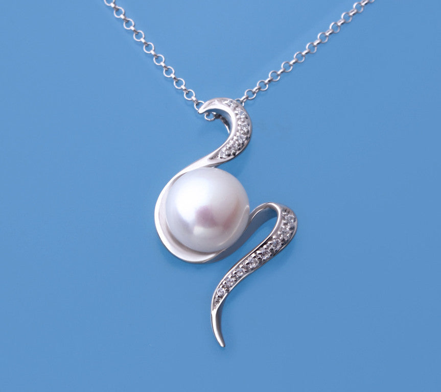 Sterling Silver Pendant with 9.5-10mm Button Shape Freshwater Pearl and Cubic Zirconia - Wing Wo Hing Jewelry Group - Pearl Jewelry Manufacturer