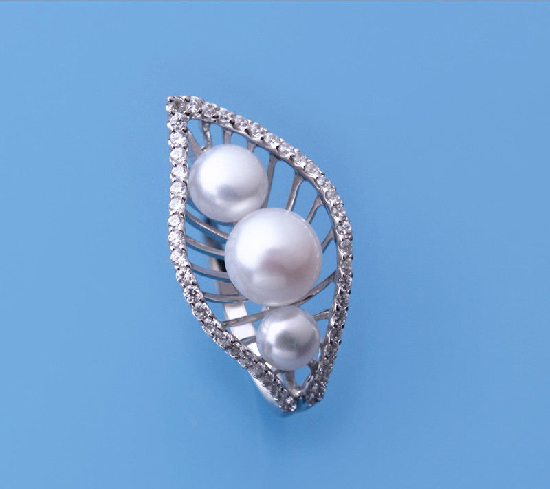 Sterling Silver Ring with 5.5-8.5mm Button Shape Freshwater Pearl and Cubic Zirconia - Wing Wo Hing Jewelry Group - Pearl Jewelry Manufacturer