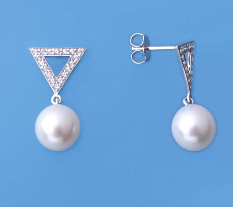 Sterling Silver Earrings with 9-9.5mm Drop Shape Freshwater Pearl and Cubic Zirconia