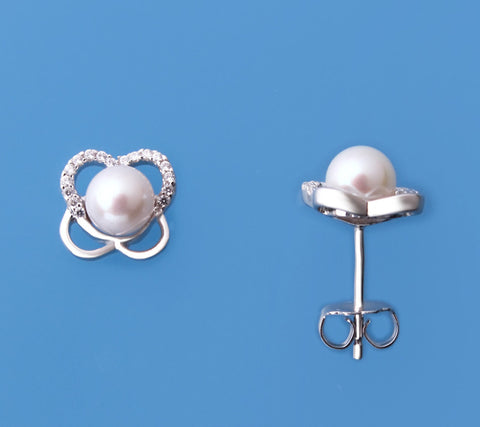 Sterling Silver Earrings with 5.5-6mm Round Shape Freshwater Pearl and Cubic Zirconia