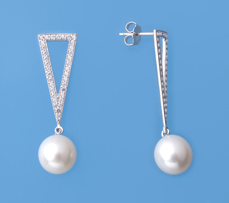 Sterling Silver Earrings with 9.5-10mm Drop Shape Freshwater Pearl and Cubic Zirconia - Wing Wo Hing Jewelry Group - Pearl Jewelry Manufacturer