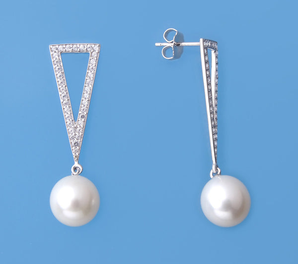 Sterling Silver Earrings with 9.5-10mm Drop Shape Freshwater Pearl and Cubic Zirconia - Wing Wo Hing Jewelry Group - Pearl Jewelry Manufacturer