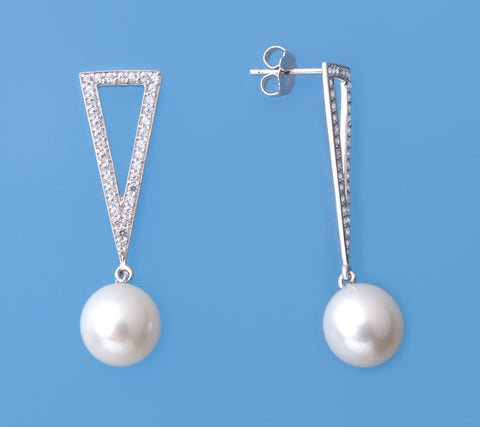 Sterling Silver Earrings with 9.5-10mm Drop Shape Freshwater Pearl and Cubic Zirconia