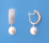 Sterling Silver Earrings with 10.5-11mm Drop Shape Freshwater Pearl and Cubic Zirconia - Wing Wo Hing Jewelry Group - Pearl Jewelry Manufacturer
