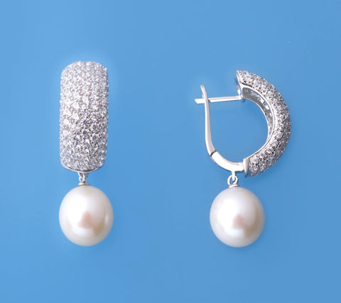 Sterling Silver Earrings with 10.5-11mm Drop Shape Freshwater Pearl and Cubic Zirconia