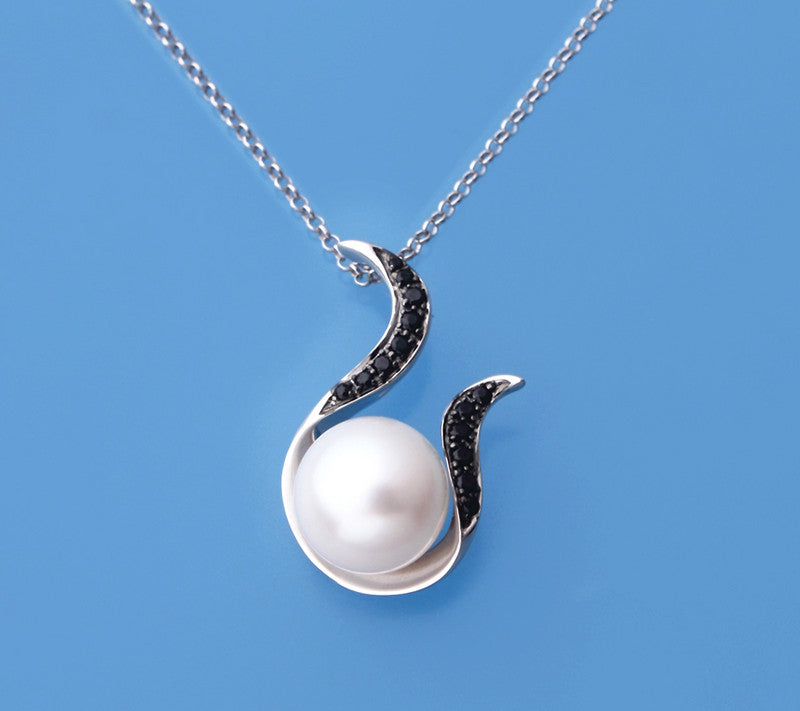 Sterling Silver Pendant with 10.5-11mm Button Shape Freshwater Pearl and Black Spinel - Wing Wo Hing Jewelry Group - Pearl Jewelry Manufacturer
