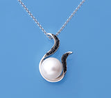 Sterling Silver Pendant with 10.5-11mm Button Shape Freshwater Pearl and Black Spinel - Wing Wo Hing Jewelry Group - Pearl Jewelry Manufacturer