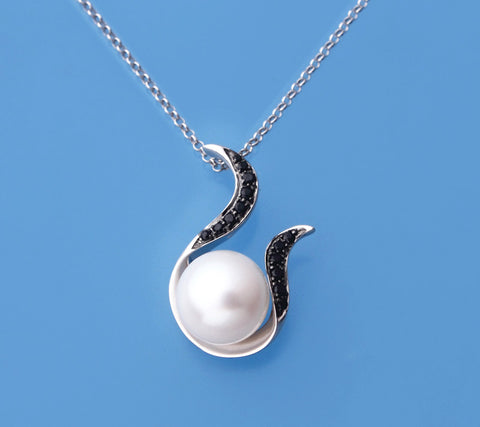 Sterling Silver Pendant with 10.5-11mm Button Shape Freshwater Pearl and Black Spinel