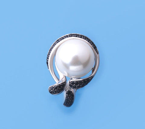 Sterling Silver Ring with 12-12.5mm Round Shape Freshwater Pearl and Black Spinel