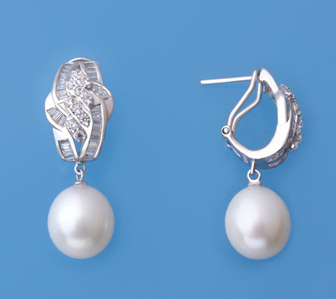 Sterling Silver Earrings with 11-11.5mm Drop Shape Freshwater Pearl and Cubic Zirconia