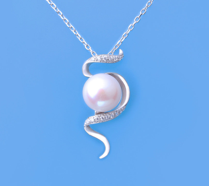 Sterling Silver Pendant with 11.5-12mm Button Shape Freshwater Pearl and Cubic Zirconia - Wing Wo Hing Jewelry Group - Pearl Jewelry Manufacturer