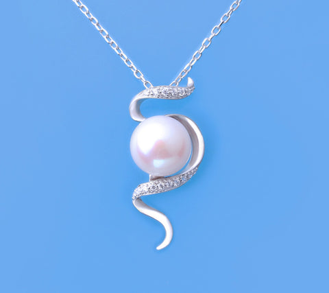 Sterling Silver Pendant with 11.5-12mm Button Shape Freshwater Pearl and Cubic Zirconia