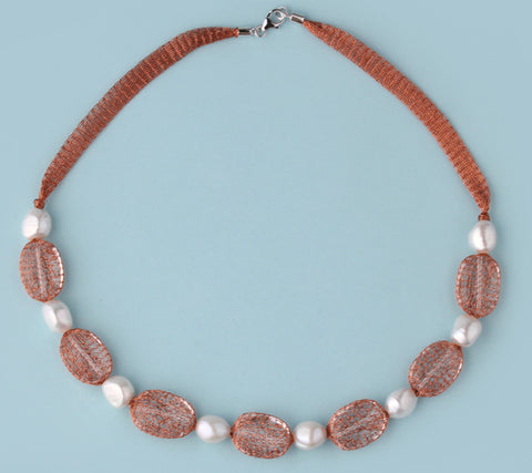 Sterling Silver Necklace with 10-10.5mm Oval Shape Freshwater Pearl and Crystal