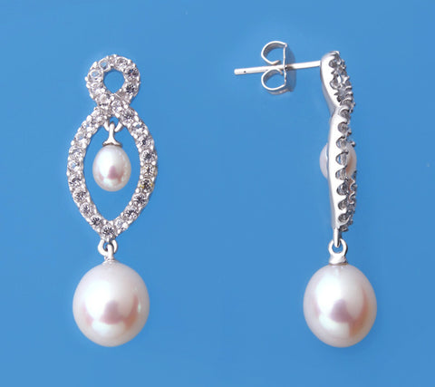Sterling Silver Earrings with Drop Shape Freshwater Pearl and Cubic Zirconia