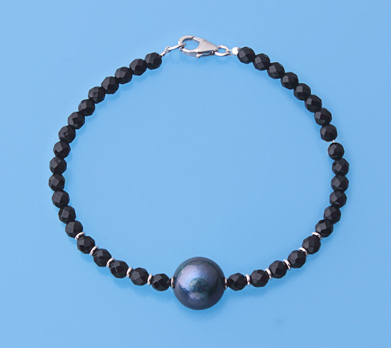 Sterling Silver Bracelet with 12-12.5mm Round Shape Freshwater Pearl and Black Agate - Wing Wo Hing Jewelry Group - Pearl Jewelry Manufacturer