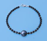 Sterling Silver Bracelet with 12-12.5mm Round Shape Freshwater Pearl and Black Agate - Wing Wo Hing Jewelry Group - Pearl Jewelry Manufacturer