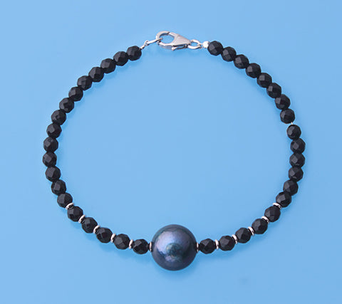 Sterling Silver Bracelet with 12-12.5mm Round Shape Freshwater Pearl and Black Agate