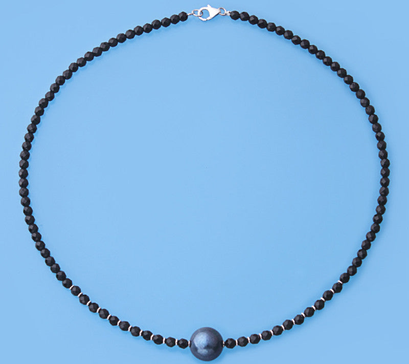 Sterling Silver Necklace with 13.5-14mm Round Shape Freshwater Pearl and Black Agate - Wing Wo Hing Jewelry Group - Pearl Jewelry Manufacturer