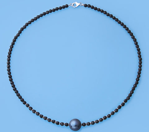 Sterling Silver Necklace with 13.5-14mm Round Shape Freshwater Pearl and Black Agate