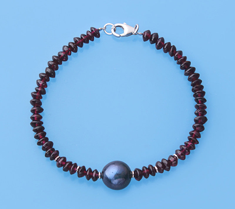 Sterling Silver Bracelet with 10.5-11mm Round Shape Freshwater Pearl and Garnet - Wing Wo Hing Jewelry Group - Pearl Jewelry Manufacturer