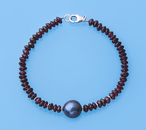 Sterling Silver Bracelet with 10.5-11mm Round Shape Freshwater Pearl and Garnet