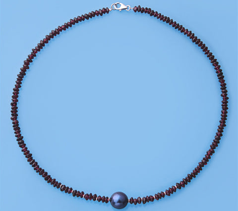 Sterling Silver Necklace with 11.5-12mm Round Shape Freshwater Pearl and Garnet