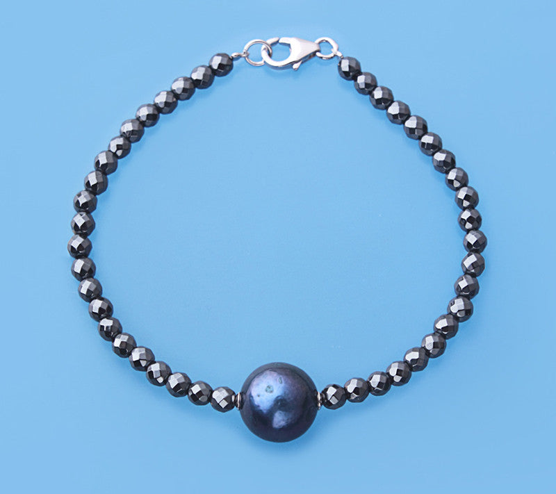 Sterling Silver Bracelet with 11-12mm Round Shape Freshwater Pearl and Hematite - Wing Wo Hing Jewelry Group - Pearl Jewelry Manufacturer