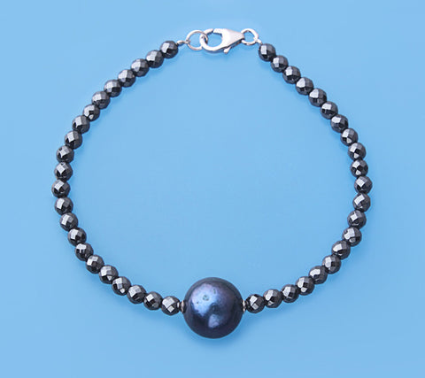 Sterling Silver Bracelet with 11-12mm Round Shape Freshwater Pearl and Hematite
