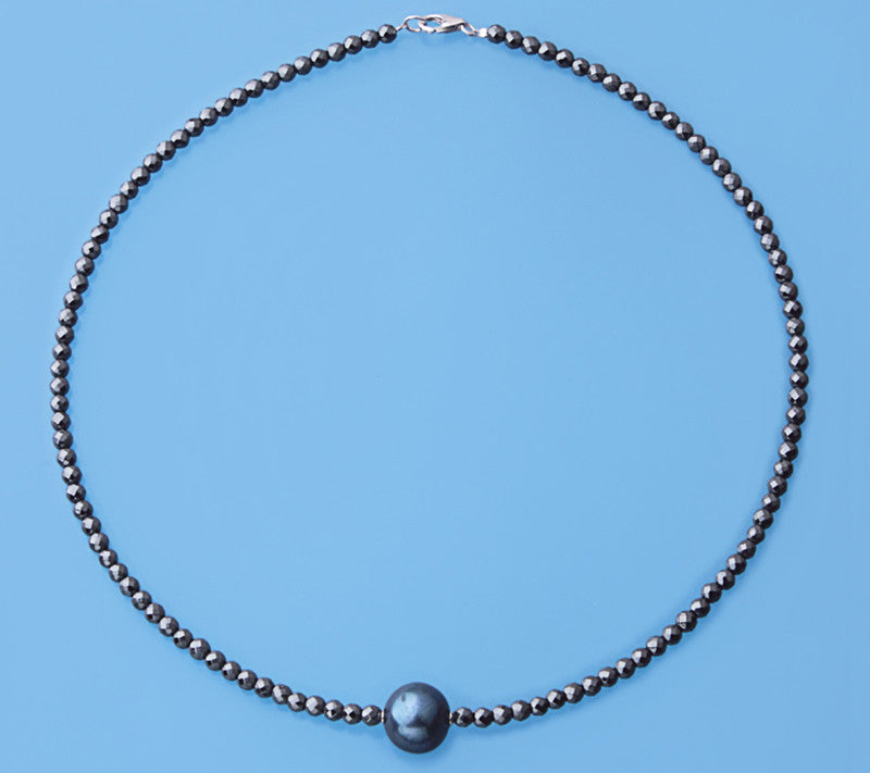 Sterling Silver Necklace with Peacock 15-16mm Round Shape Freshwater Pearl and Hematite - Wing Wo Hing Jewelry Group - Pearl Jewelry Manufacturer